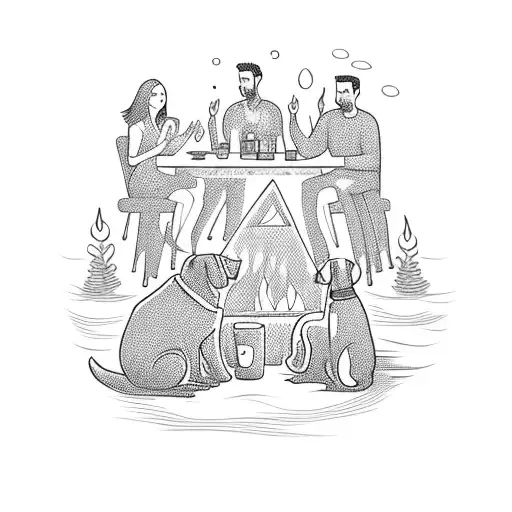 A group of friends sitting around a bonfire on the beach, with their dog by their side tattoo design idea