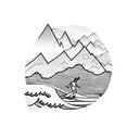 A surfer catching a wave with a mountain landscape in the background tattoo design idea