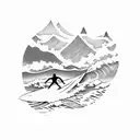 A surfer catching a wave with a mountain landscape in the background tattoo design idea