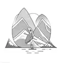 A surfer catching a wave with a mountain landscape in the background tattoo design idea