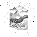A surfer catching a wave with a mountain landscape in the background tattoo design idea