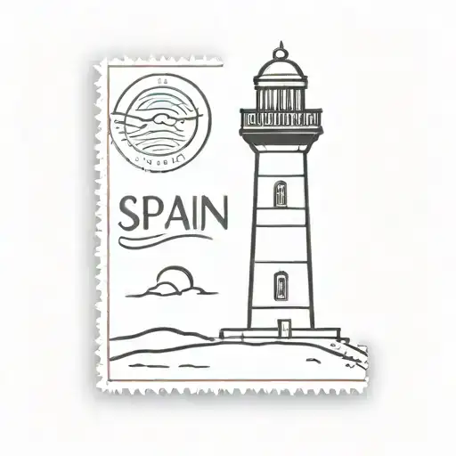 postage stamp with a lighthouse and the word Spain tattoo design idea