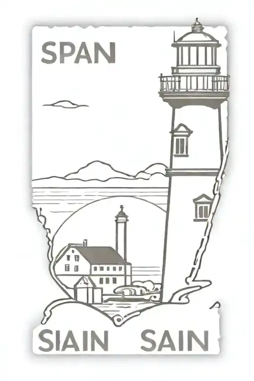 postage stamp with a lighthouse and the word Spain tattoo design idea