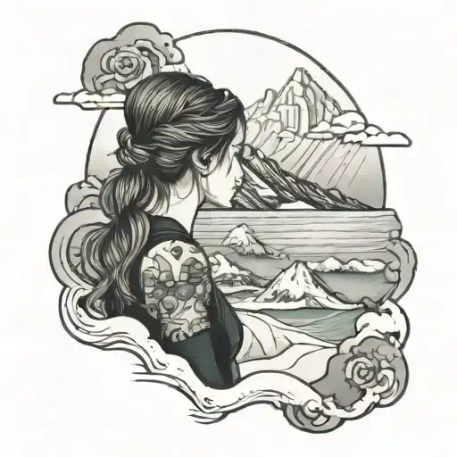 girl overlooking ocean and mountains in snow, she is sad and overlooking away from the foreground tattoo design idea