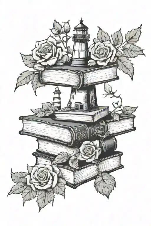 book stack, thistle, shamrock, rose, lighthouse, mayflower, trillium tattoo design idea