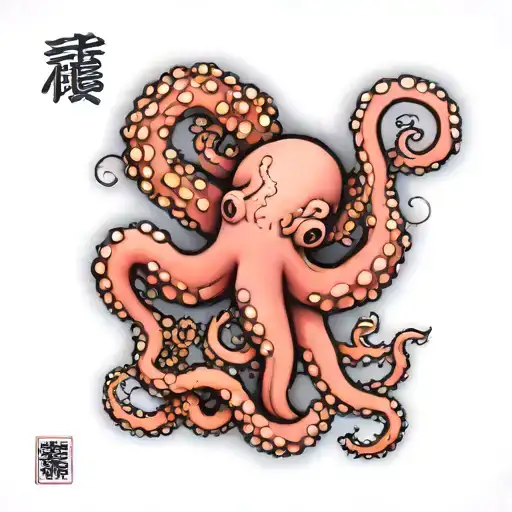 A tattoo design in traditional Japanese style of a light purple octopus prostrate lengthwise on a coral tattoo design idea