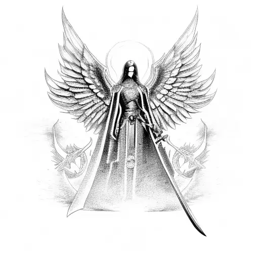 arch angel michael with a sword and armor tattoo design idea