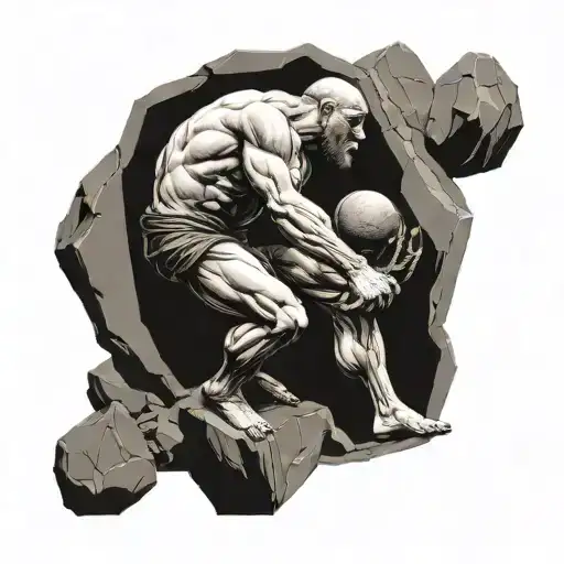 Sisyphus pushing his boulder up a hill crows flying around him tattoo design idea