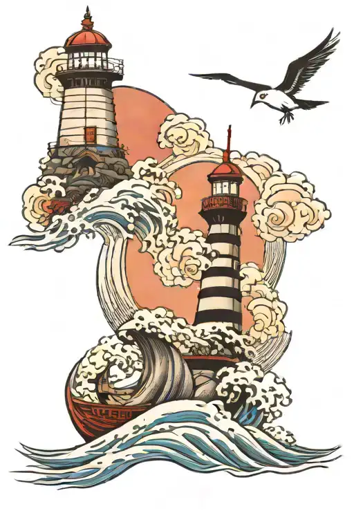 Japanese waves and lighthouse standing tall tattoo design idea