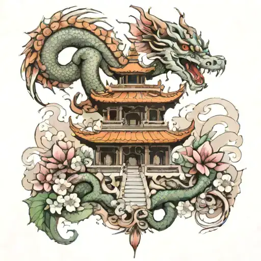 A Nepalese temple surrounded by a dragon and flowers tattoo design idea