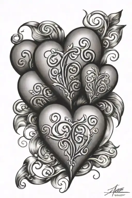 3 hearts going vertical with names inside them in cursive  tattoo design idea