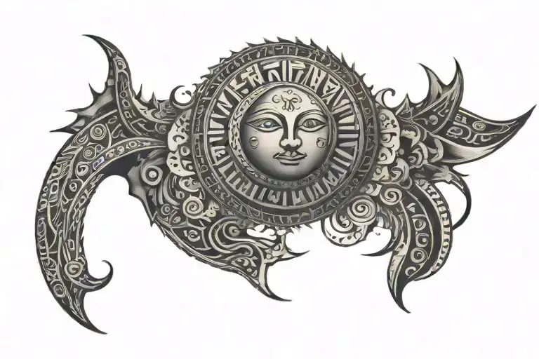 a 5cm wide strip of tribal lines with sun and moon inside that goes around the thigh tattoo design idea