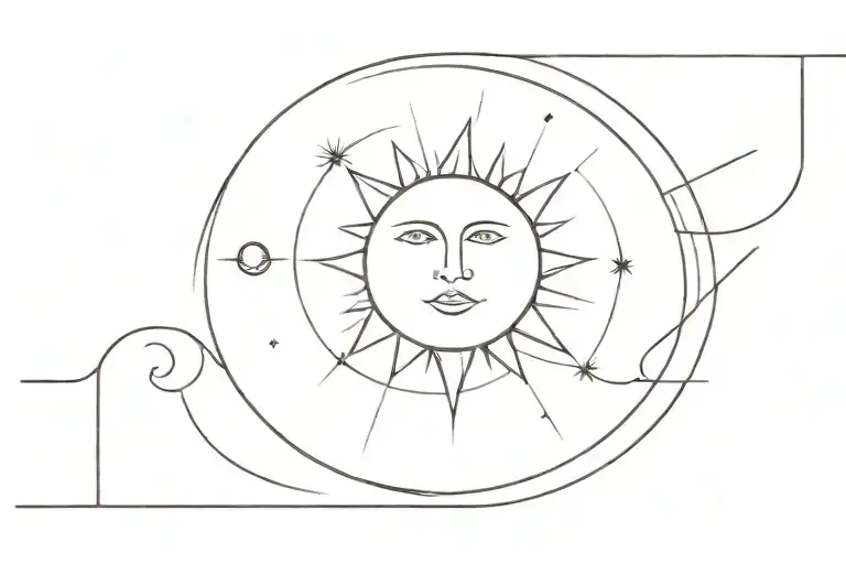 a 5cm wide strip of lines with sun and moon inside that goes around the thigh tattoo design idea