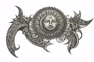 a 5cm wide strip of tribal lines with sun and moon inside that goes around the thigh tattoo design idea