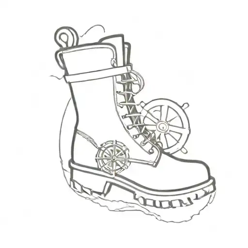 A minimalist tattoo of a hiking boot with a ship's wheel incorporated into the design, showcasing your dual interests in hiking and seafaring tattoo design idea