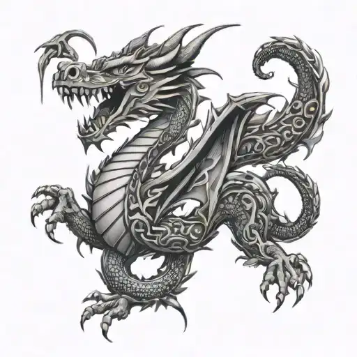 A tattoo design combining the image of a dragon with symbols of knowledge and information, representing the pursuit of power and wealth through constant effort tattoo design idea