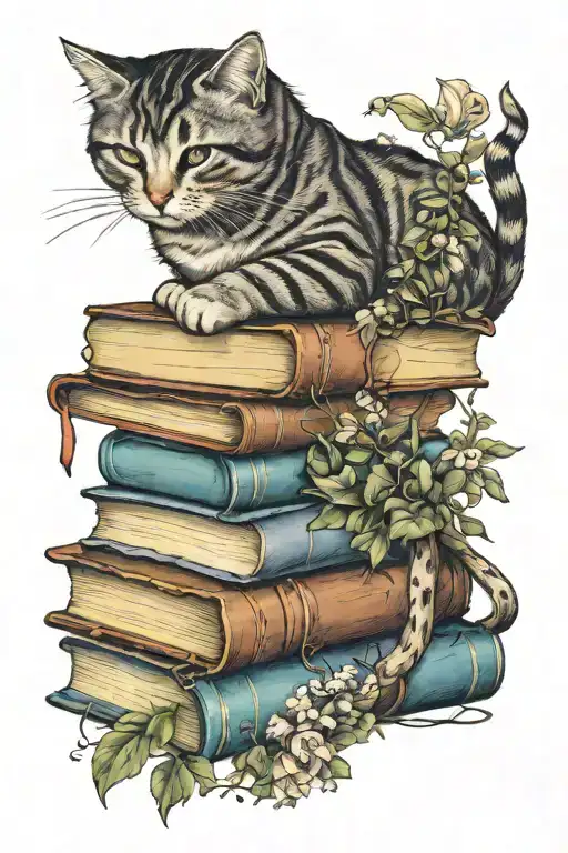 stack of books flowers vines cottage core sleepy cat  tattoo design idea