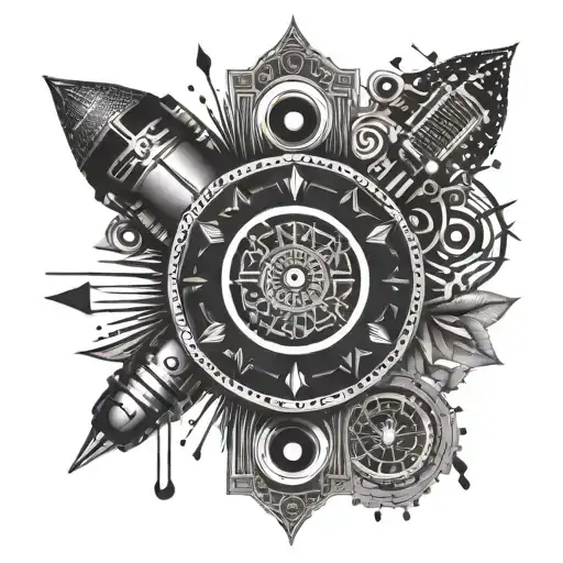 A mandala design incorporating hiphop elements like graffiti and microphones, representing the client's interests in both spirituality and music tattoo design idea