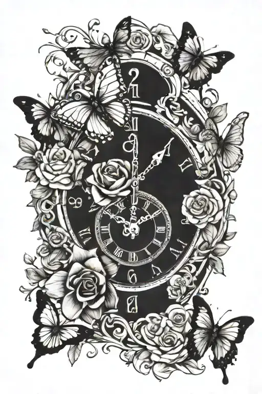cross with flowers and time clock behind it and butterflies tattoo design idea