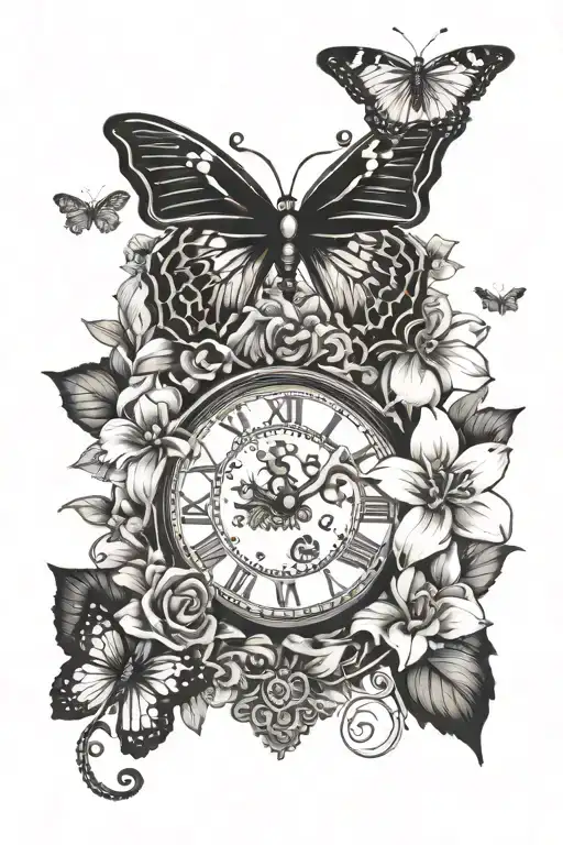 cross with flowers and time clock behind it and butterflies tattoo design idea