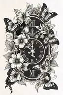 cross with flowers and time clock behind it and butterflies tattoo design idea