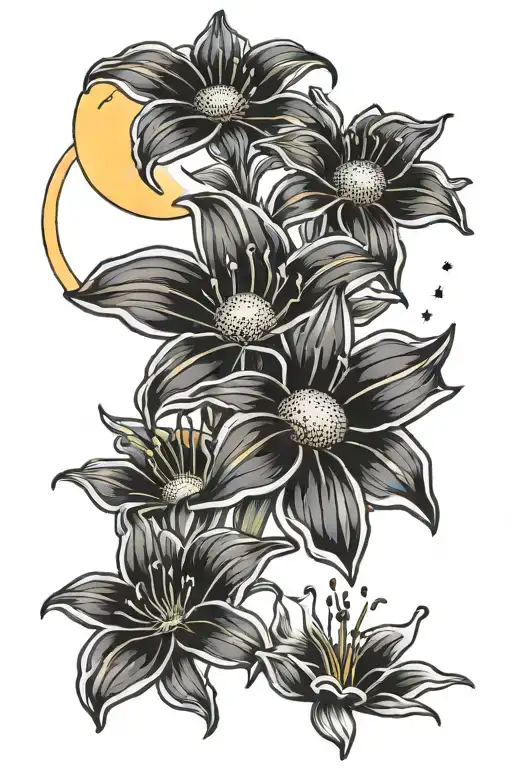 lily flowers, black-eyed Susan, moon, sun, stars tattoo design idea