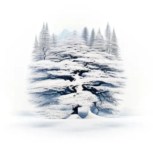 Tree Trunk with subtle rivers the base of the trunk. Snow capped mountains take the place of leaves on the tree tattoo design idea