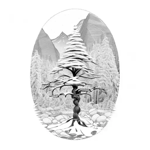 Tree Trunk with subtle rivers the base of the trunk. Snow capped mountains take the place of leaves on the tree tattoo design idea