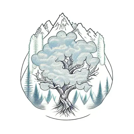 Tree Trunk with subtle rivers the base of the trunk. Snow capped mountains take the place of leaves on the tree tattoo design idea