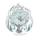 Tree Trunk with subtle rivers the base of the trunk. Snow capped mountains take the place of leaves on the tree tattoo design idea
