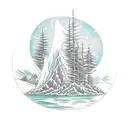 Tree Trunk with subtle rivers the base of the trunk. Snow capped mountains take the place of leaves on the tree tattoo design idea