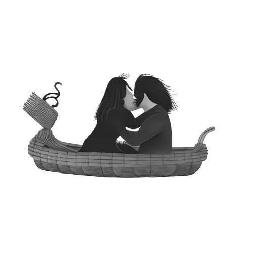 a couple kissing in a Peruvian totora boat tattoo design idea