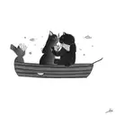 a couple kissing in a straw boat with a cat's head at the front of the boat tattoo design idea