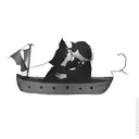 a couple kissing in a straw boat with a cat's head at the front of the boat tattoo design idea