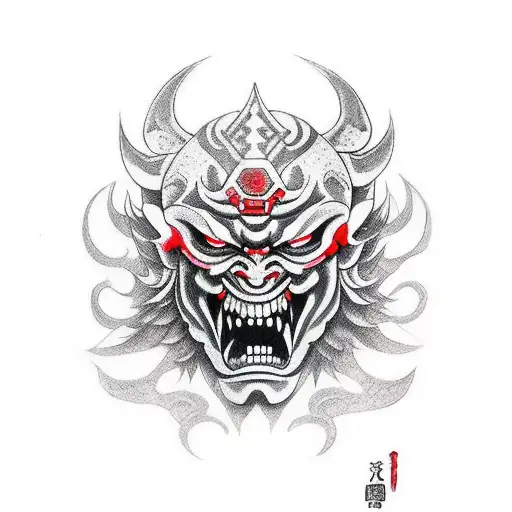 broken red and black oni mask tattoo design idea
