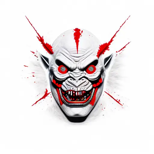 broken red and black oni mask tattoo design idea