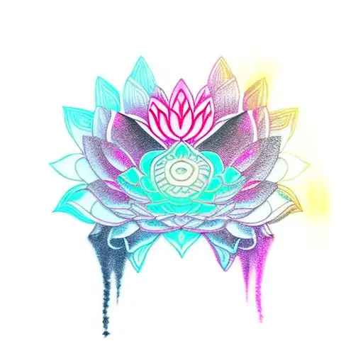 red and pink lotus with black mandala under it feminine tattoo design idea