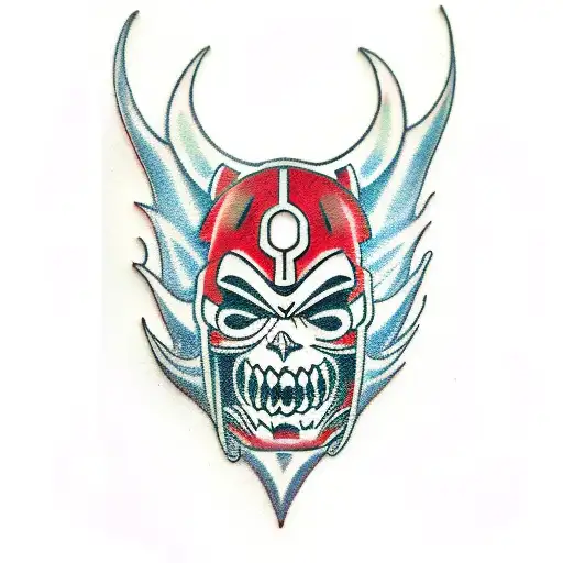 broken red and black oni mask tattoo design idea
