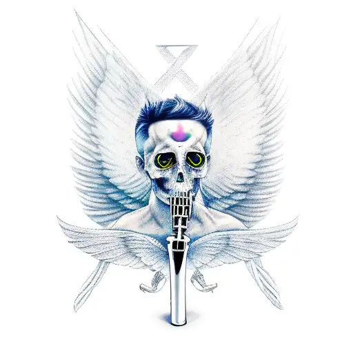 male fallen angel broken wings with scythe tattoo design idea