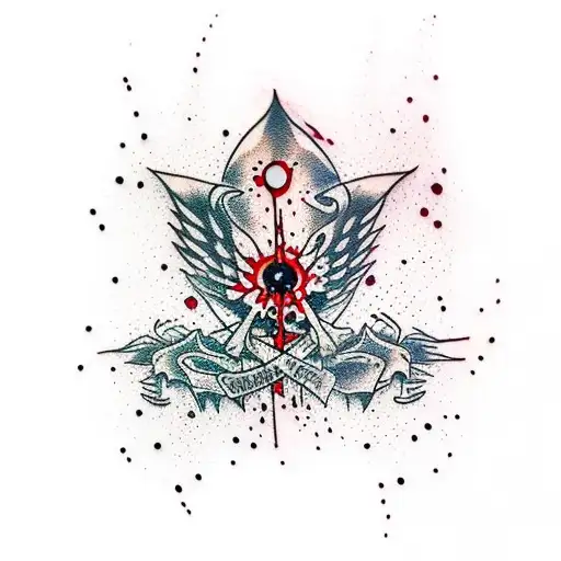 dagger with drops of red blood and a black blood splatter shadow tattoo design idea