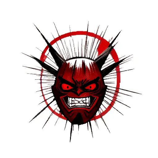 broken red and black oni mask tattoo design idea