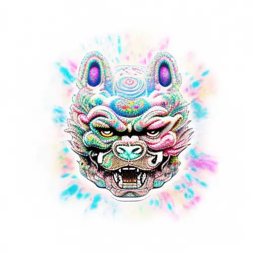angry foo dog lsd acid trip colorful  tattoo design idea