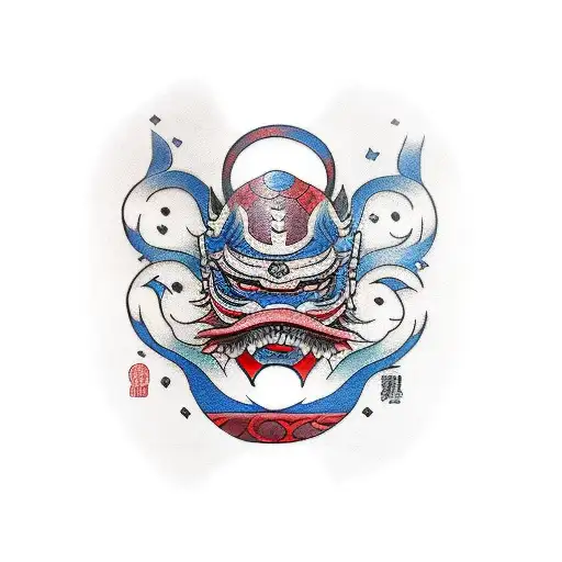 part red, part blue on left and right parts of mask and purple in the middle tattoo design idea