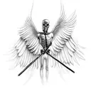 male fallen angel featherless wing  and scythe in hand tattoo design idea