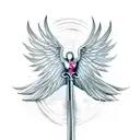 male fallen angel featherless wing  and scythe in hand tattoo design idea