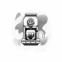 A detailed illustration of a coffee machine surrounded by swirling steam and coffee beans tattoo design idea