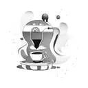 A detailed illustration of a coffee machine surrounded by swirling steam and coffee beans tattoo design idea