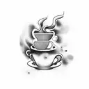 A detailed illustration of a coffee machine surrounded by swirling steam and coffee beans tattoo design idea