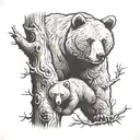 Mother Bear watching Cub climb tree branches tattoo design idea