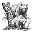 Mother Bear watching Cub climb tree branches tattoo design idea